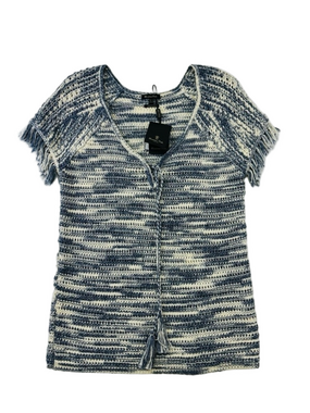 Massimo Dutti NWT navy cream fringe crochet Vneck short sleeve knit top Small